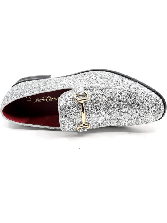 Metrocharm Men\'s Silver Glitter Rubber Velvet Loafers Gold Buckle Slip On Shoes